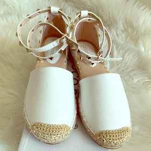 White flat studded lace up espadrille